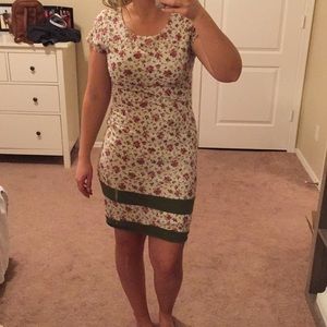 Floral knee length dress with olive green stripe